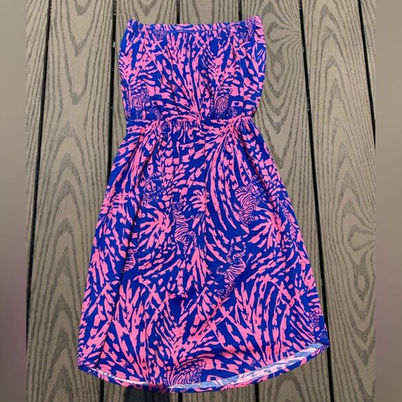 Lilly Pulitzer size 2/4 rolling in the grass blue pink strapless zebra dress - Picture 7 of 12